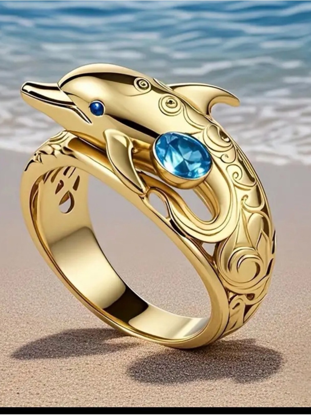 Gold Dolphin Ring with Blue Gem - Women Jewelry